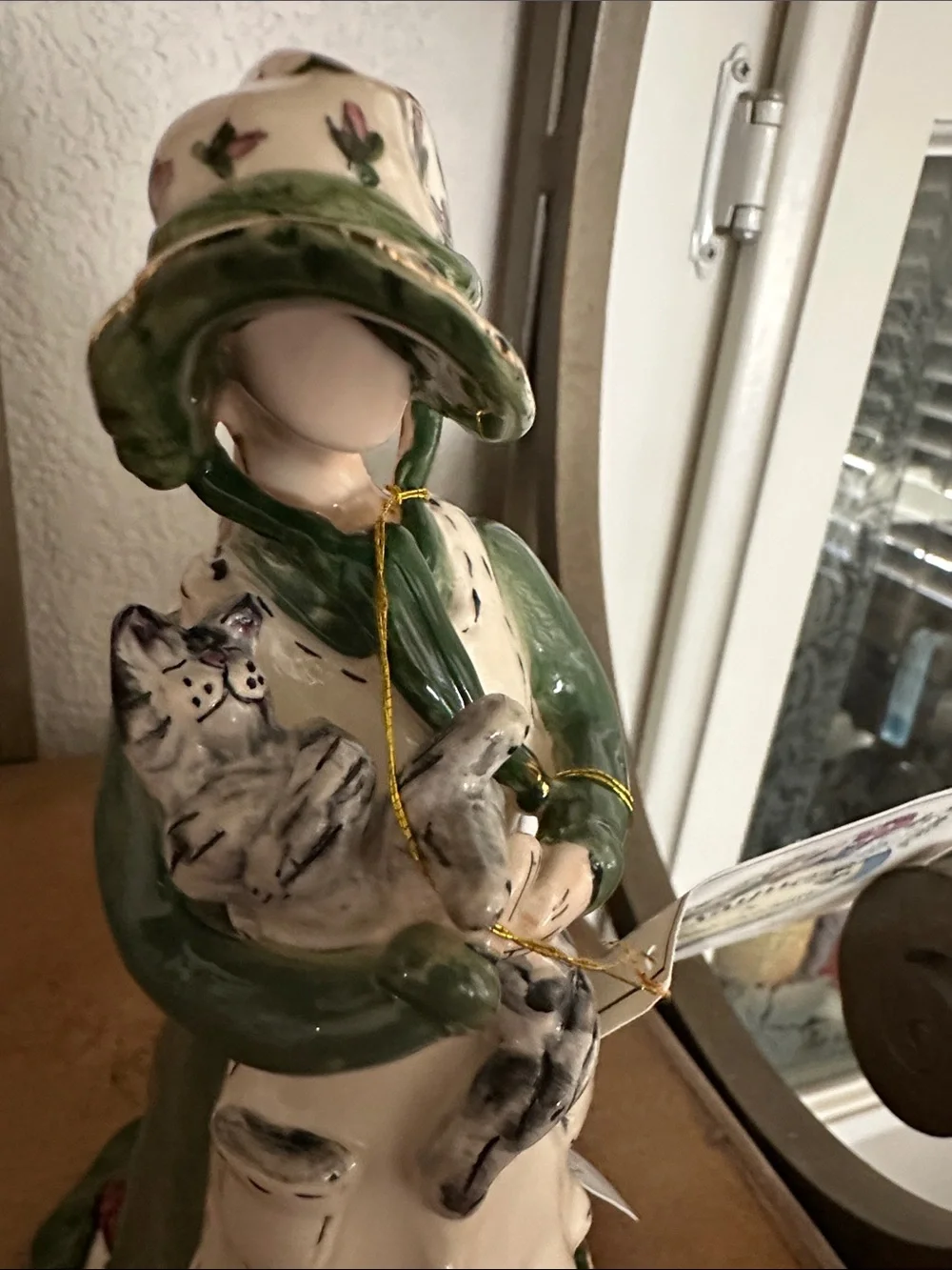 Blue Sky Green & Cream Girl Figurine Holding Cats